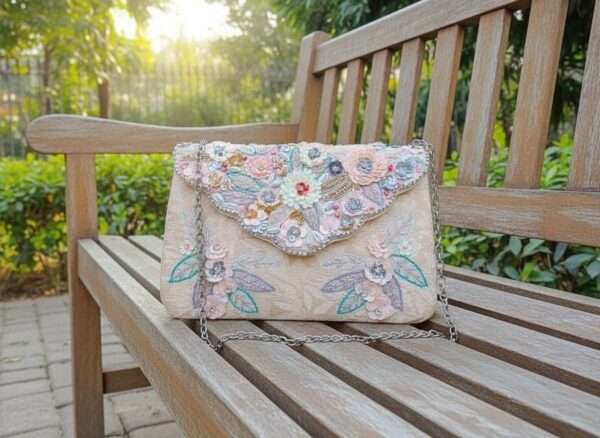 Pastel Garden Handcrafted Floral Embroidered Clutch