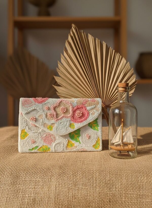 Ivory Bloom Handcrafted Floral Beaded Clutch