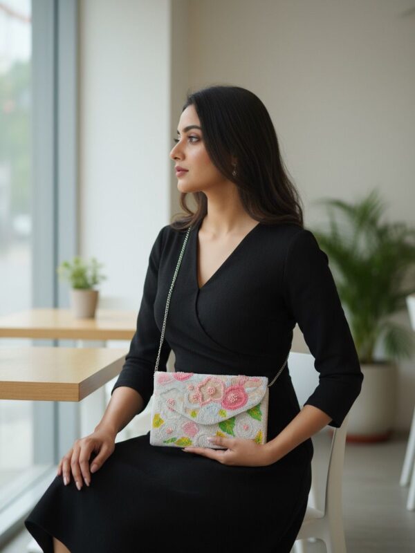 Ivory Bloom Handcrafted Floral Beaded Clutch