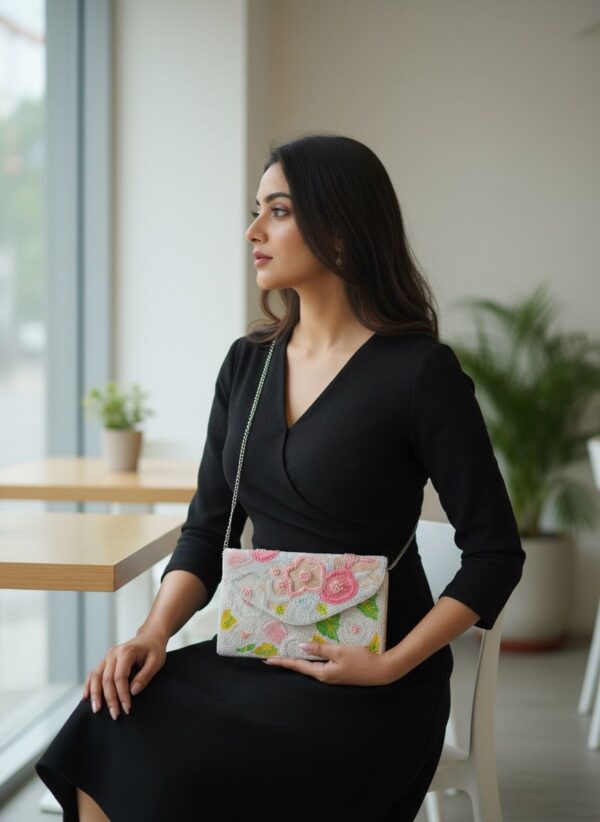 Ivory Bloom Handcrafted Floral Beaded Clutch