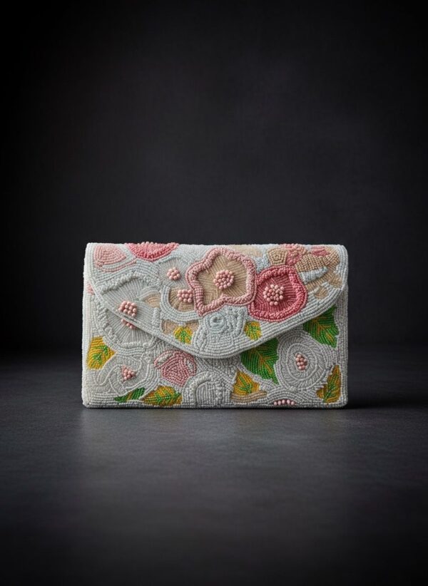 Ivory Bloom Handcrafted Floral Beaded Clutch