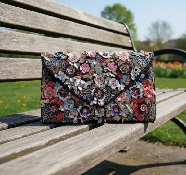 Multiflower CLutch Midnight Bloom Handcrafted Floral Beaded Clutch