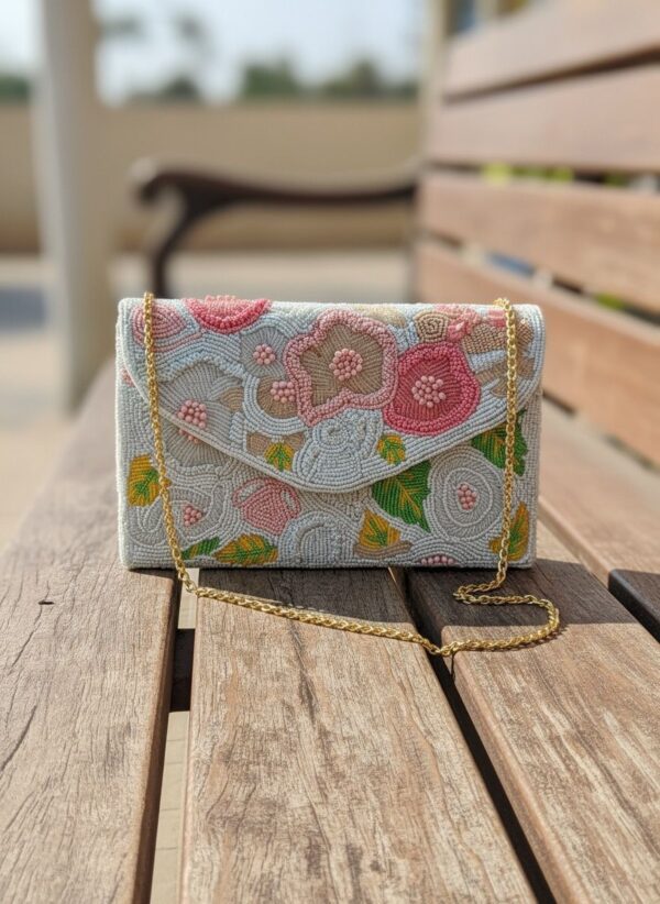 Ivory Bloom Handcrafted Floral Beaded Clutch