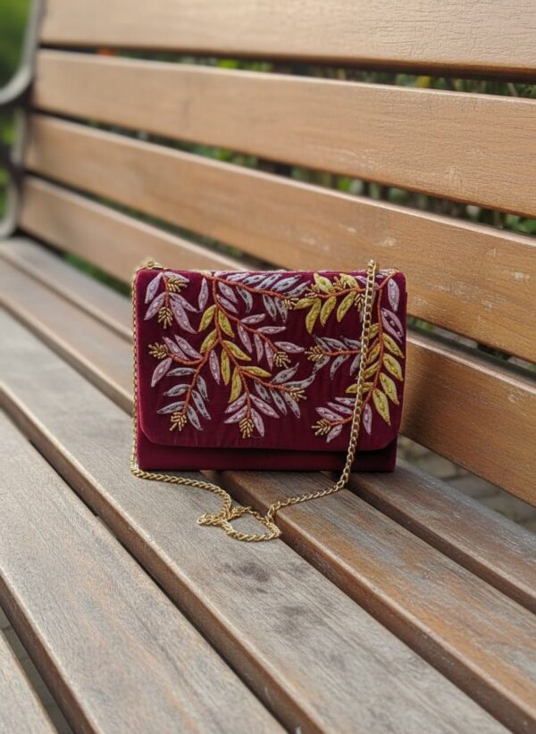 Wine Fern Handcrafted Embroidered Sling Clutch