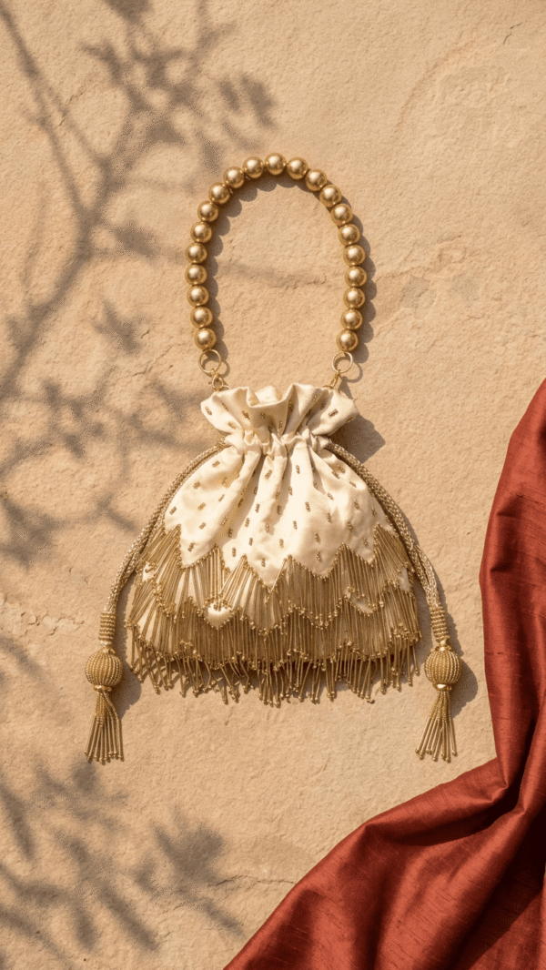 Golden Pearl Handle Potli Bag