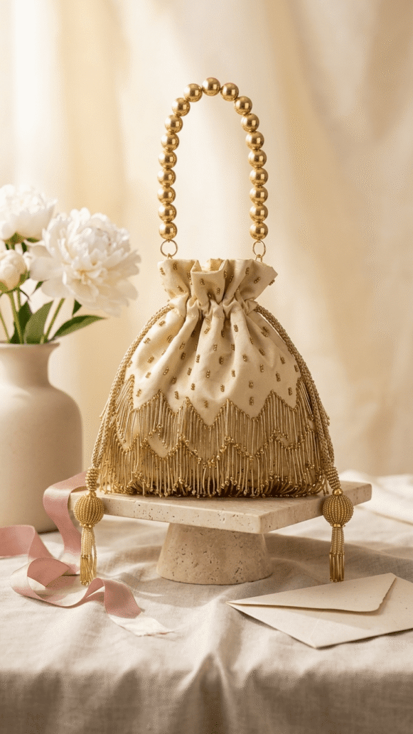 Golden Pearl Handle Potli Bag