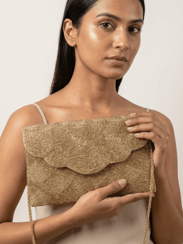 Golden Scallop Beaded Clutch Bag