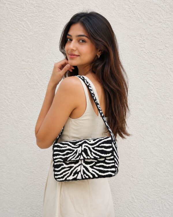 Zebra Luxe Beaded Shoulder Bag