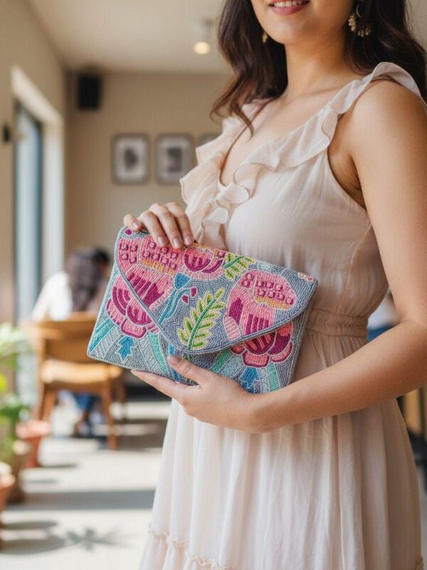 fuyj Blush Bloom Beaded Envelope Clutch