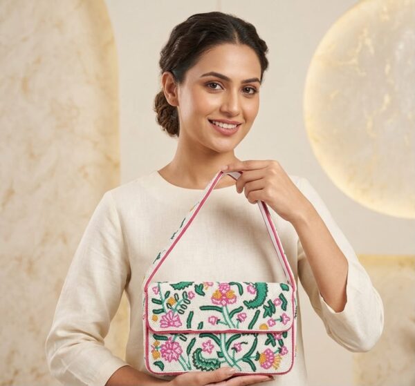 Elegant Hand-Beaded Floral Shoulder Bag