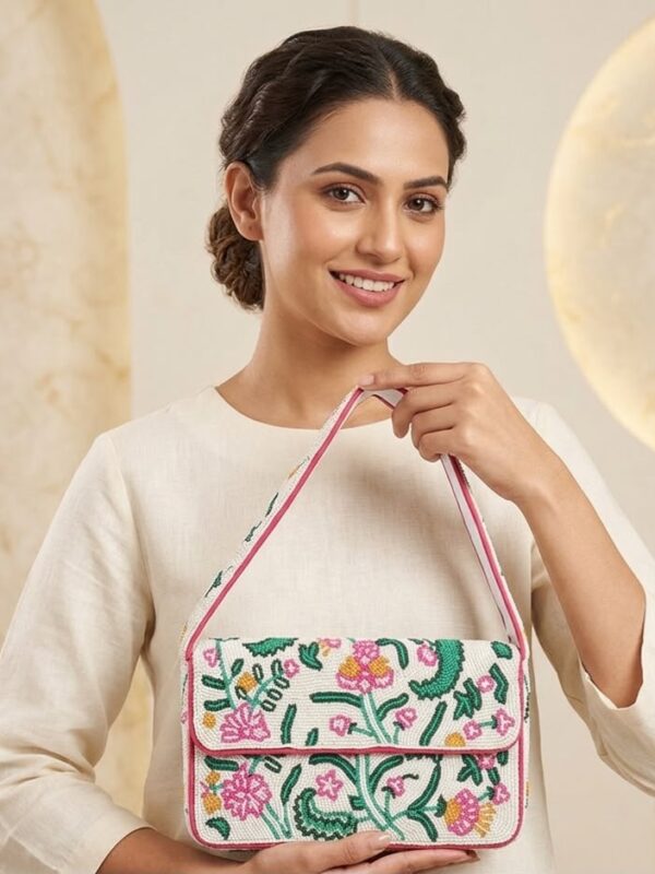 Elegant Hand-Beaded Floral Shoulder Bag