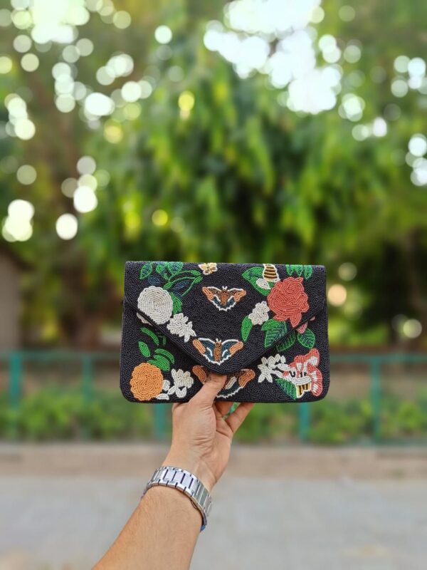 sfv Midnight Botanical Beaded Envelope Clutch