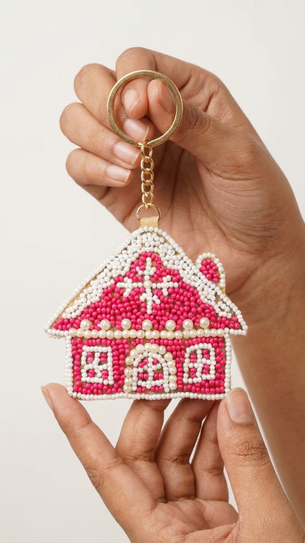 pomelli_photoshoot_image_9_16_0630 (28) Pink Beaded House Charm Keychain