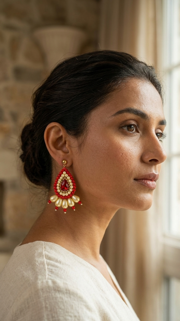 pomelli_photoshoot_image_9_16_0703 (15) Ruby Pearl Teardrop Statement Earrings