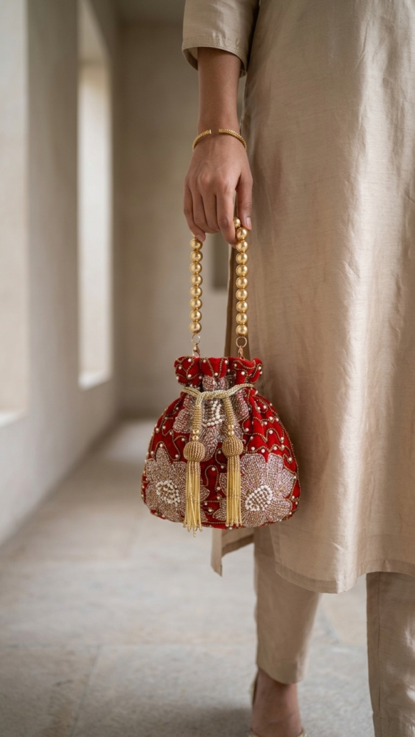 Crimson Blossom Beaded Potli