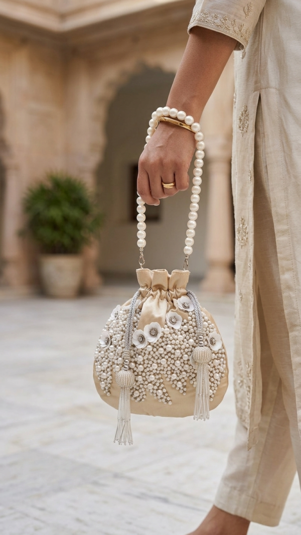 Ivory Pearl Blossom Embellished Potli