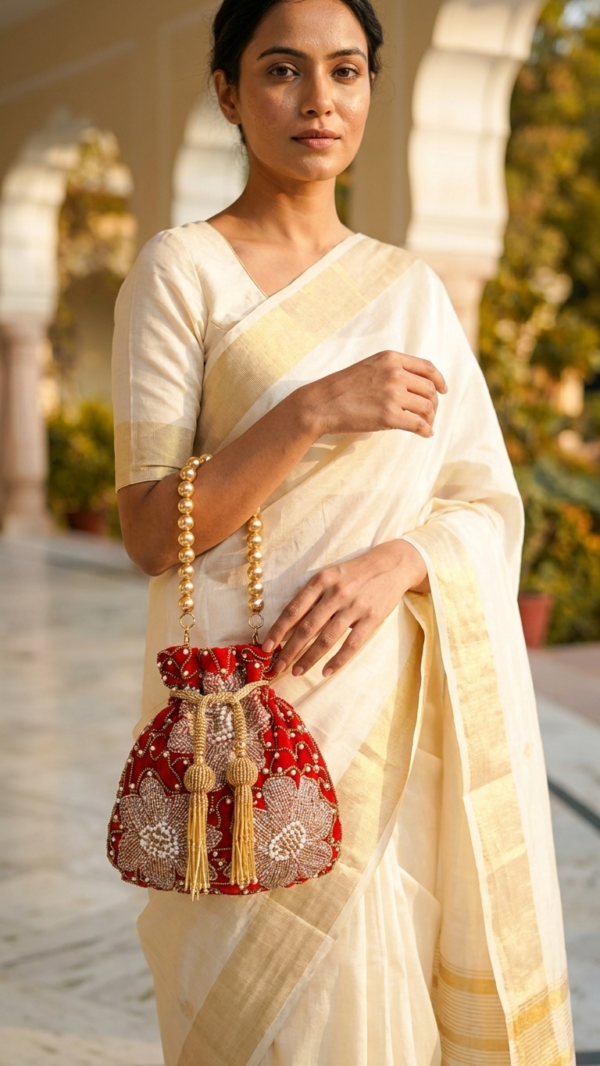 Crimson Blossom Beaded Potli