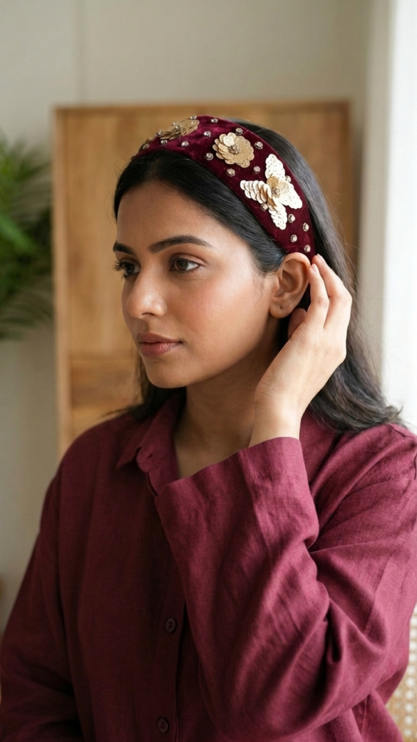 Burgundy Velvet Sequin Bloom Headband