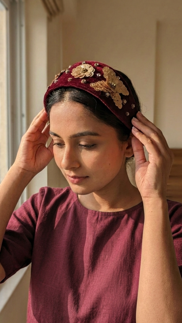 Burgundy Velvet Sequin Bloom Headband